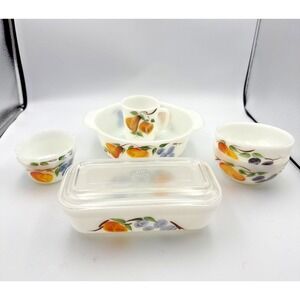 Fire King Anchor Hocking Gay Fad Fruit Pattern Milk Glass 8 Piece Set.‎